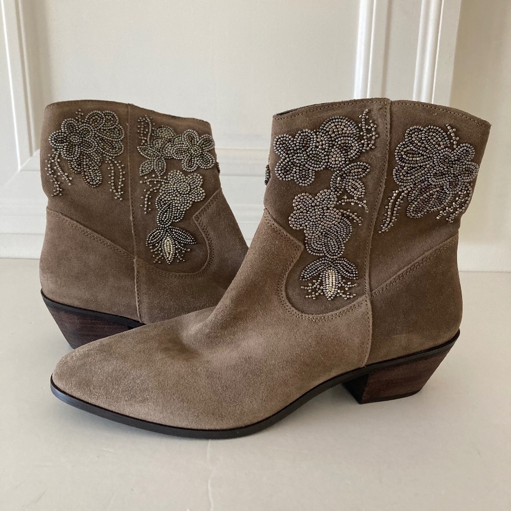Embellished Suede Ankle Boots in Taupe